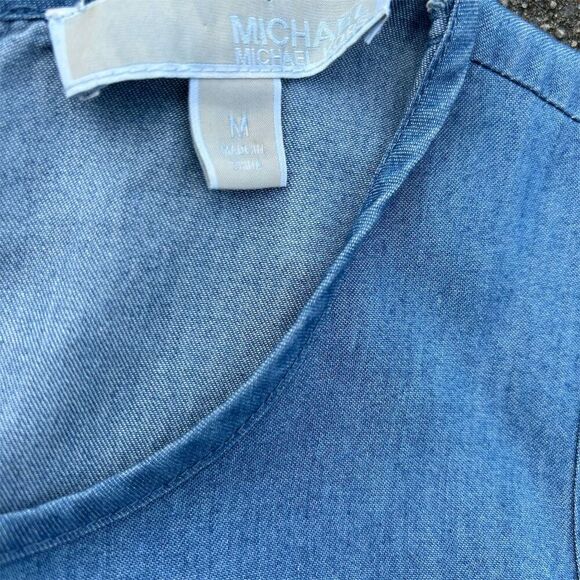 MICHAEL Michael Kors Blue Chambray Ruffle Dress M Keyhole Back Button - Picture 7 of 8